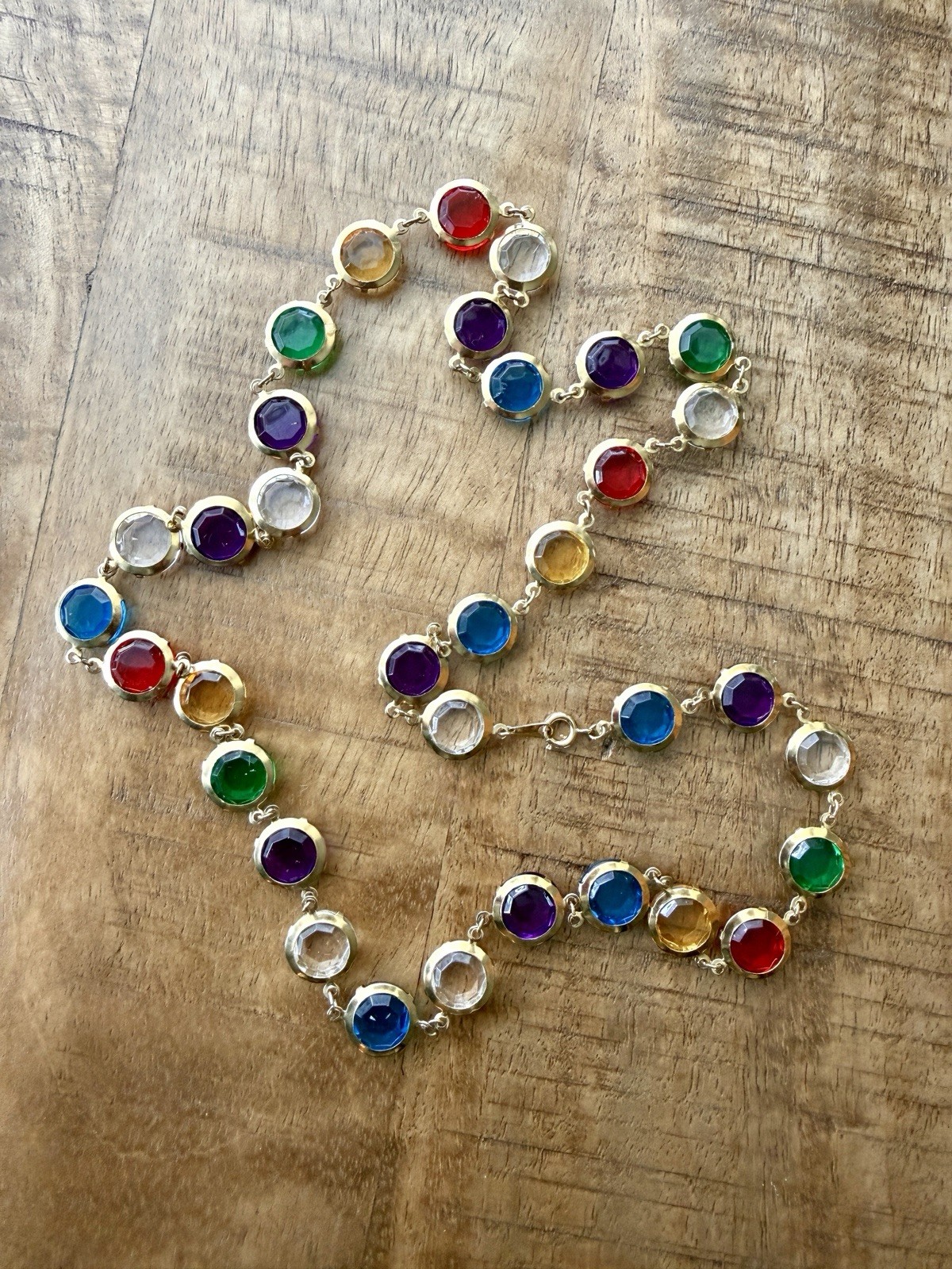 Vintage Multi‑Color Faceted Glass Bezel Necklace, Korea Marked, 1970s–1990s