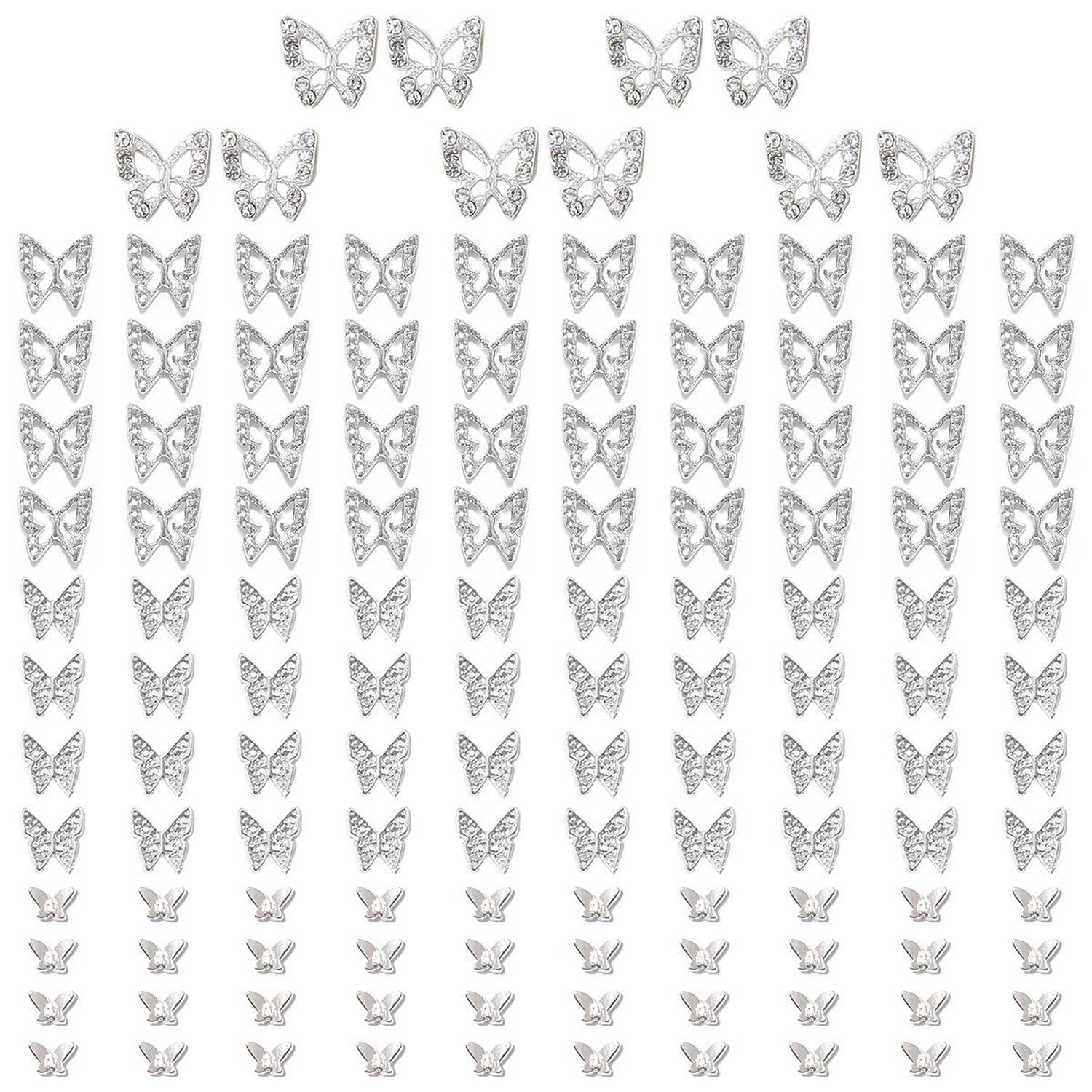 qiipii 130pcs Silver 3D Butterfly Nail Charms, 10pcs Rhinestones, 120pcs Allo…