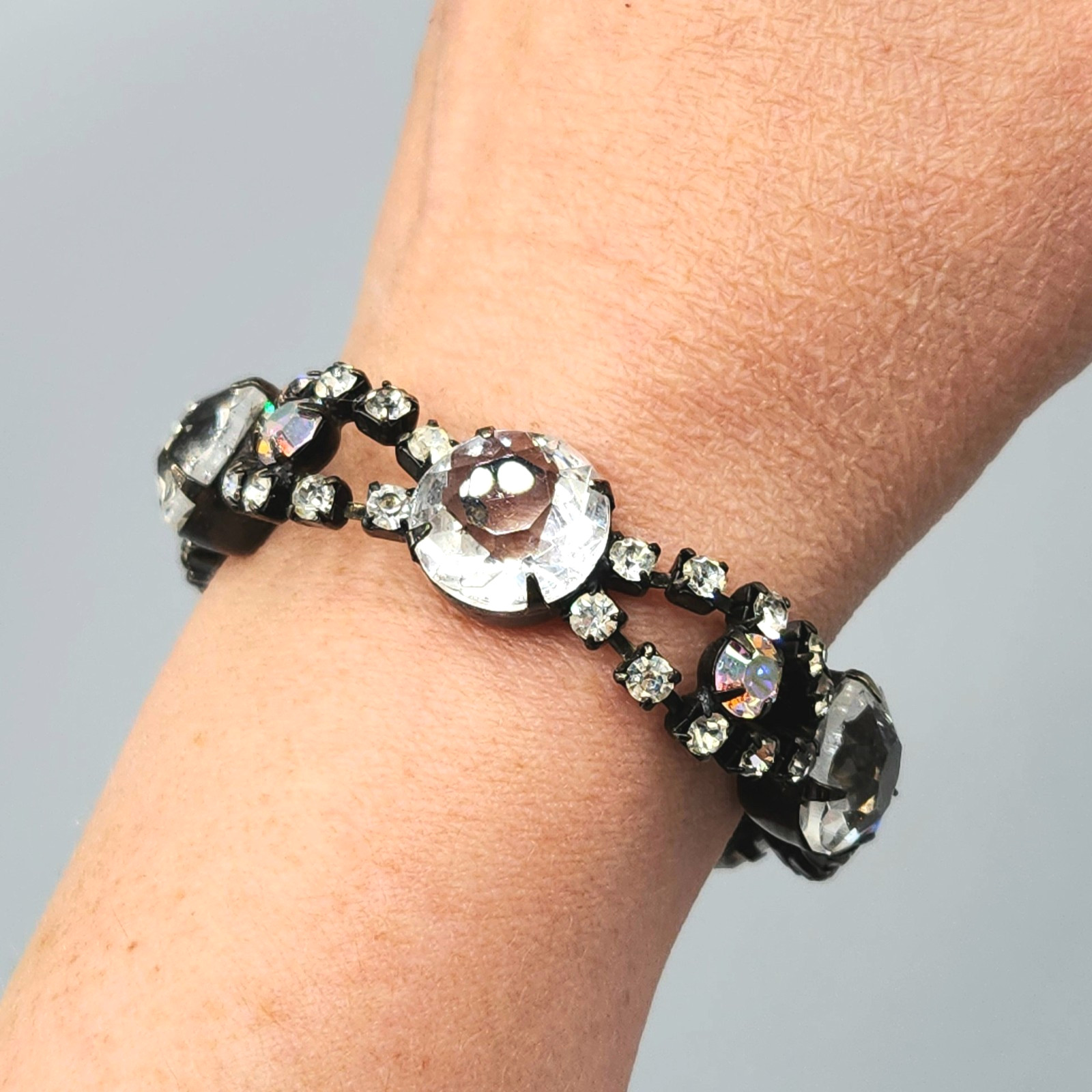 Vintage Unsigned Molded Glass and AB Chaton Rhinestone Japanned Bracelet 7”