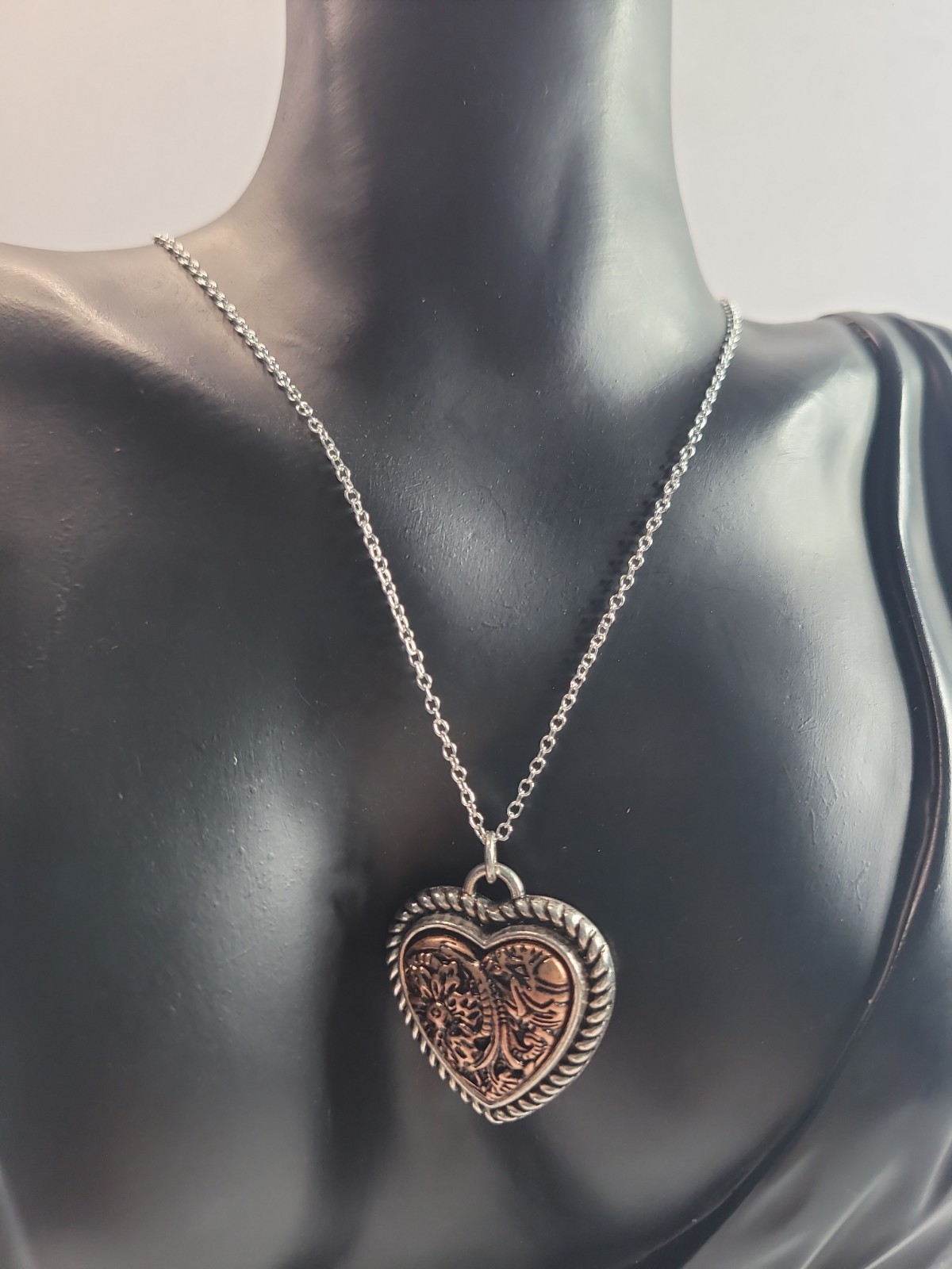Western Heart Pendant Necklace Silver Tone Copper Floral Scroll Country Jewelry