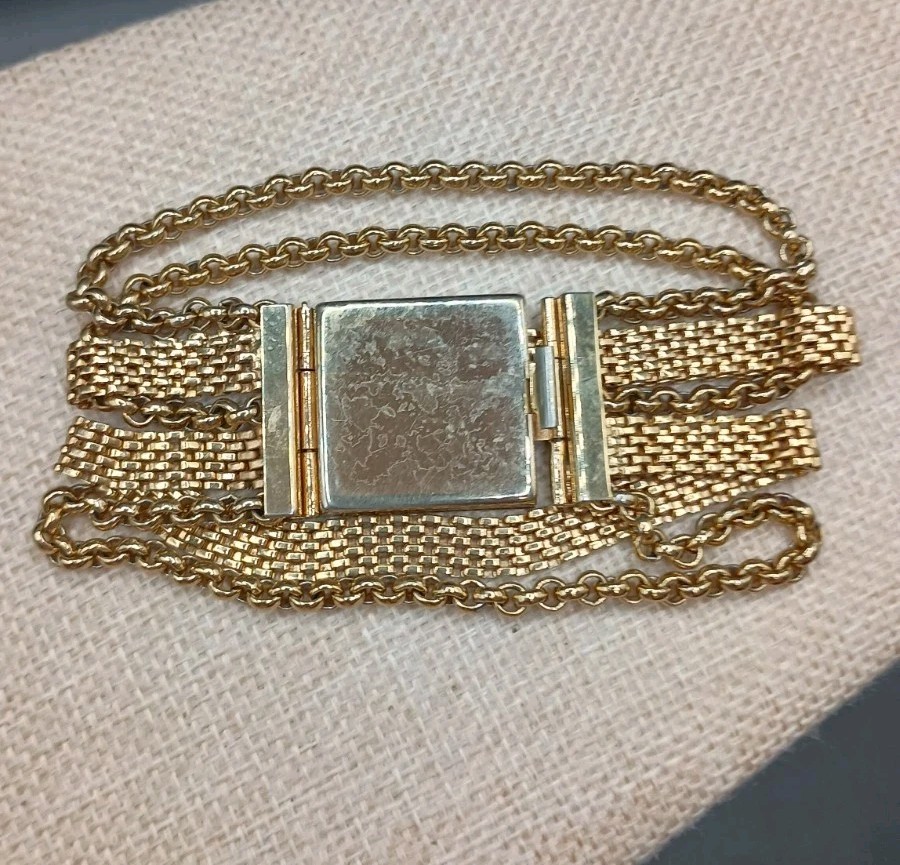Vintage Reinad Gold Tone Mesh Wide Bracelet 7.5″ Multi Strand Push Lock