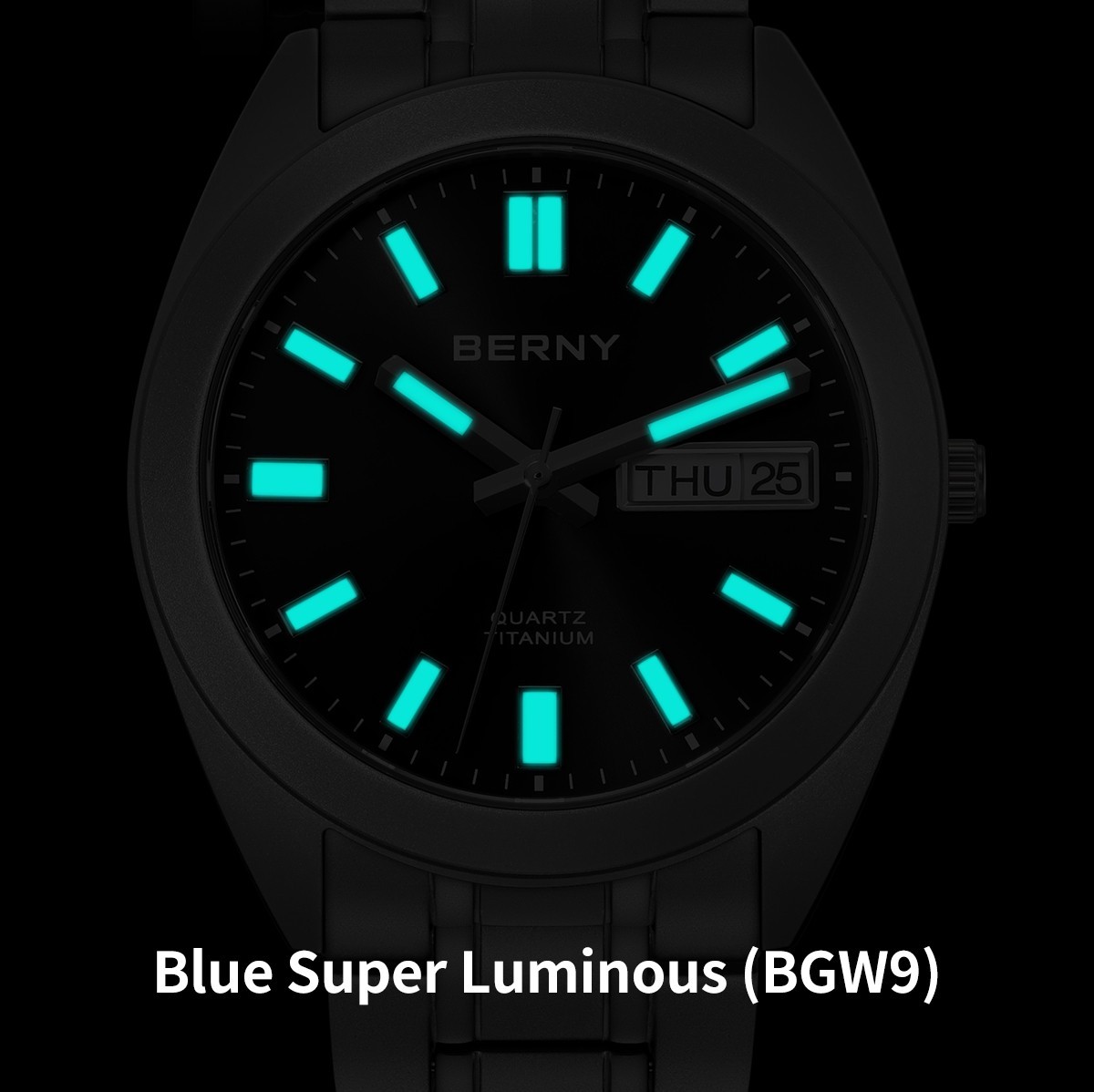 BERNY Titanium Seiko VJ53 Quartz Movement Blue Sunburst Dial Day Date Sapphire