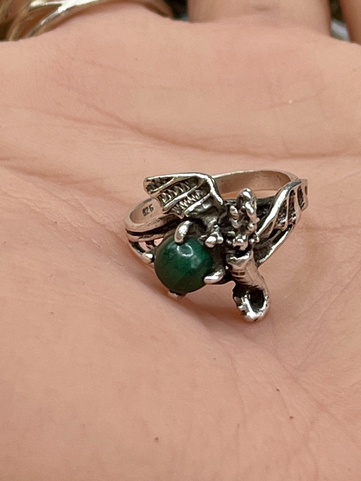Sterling Silver 3-D Dragon Malachite In Talons Ring Fantasy Gothic Size 5.5