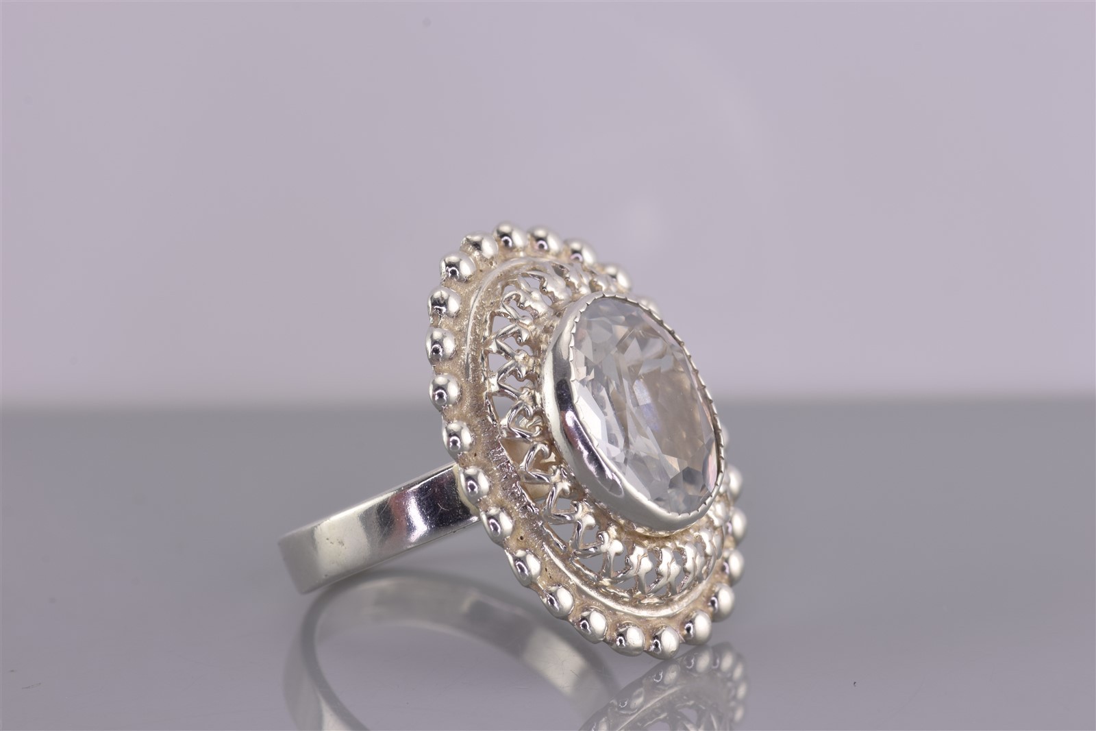 Sterling Silver Beaded Oval Raised White Topaz Statement Band Ring 925 Sz: 6