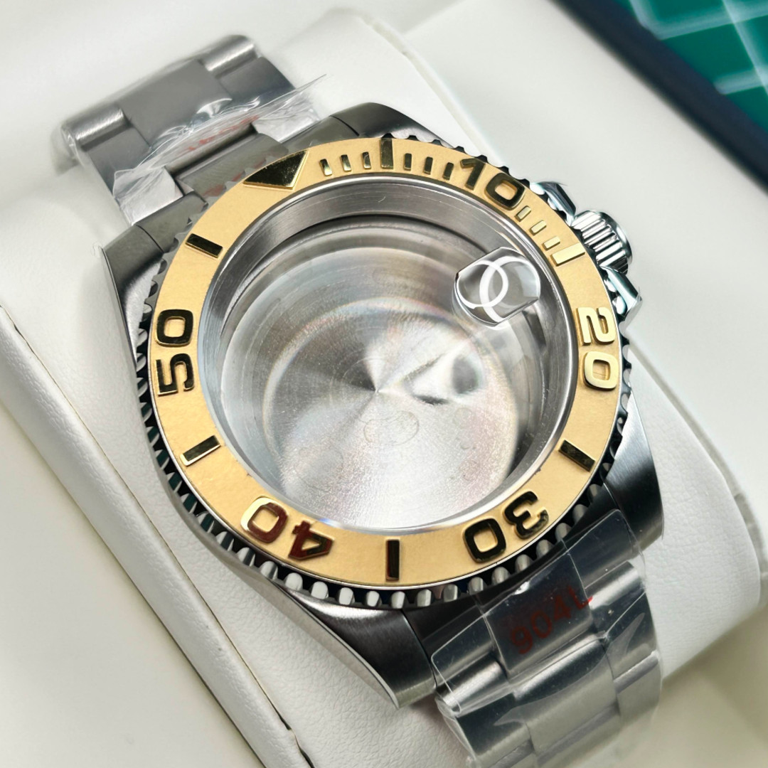 Gold Ceramic Bezel Silver 20ATM 40mm Watch Case Strap Mod Fit NH34 NH35 NH36