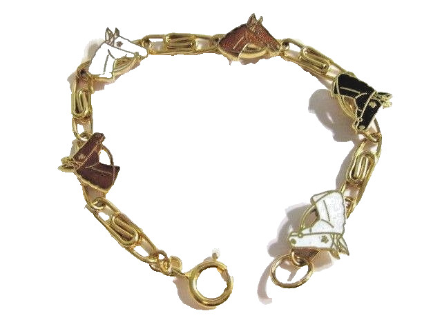 VINTAGE HORSE HEAD CLOISONNE ENAMEL LINK BRACELET BROWN BLACK WHITE PRETTY GIFT