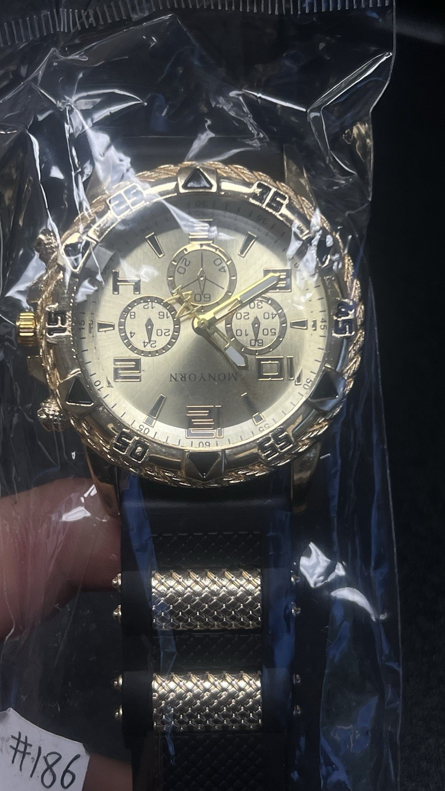 MONYORN Men’s Quartz Chronograph Analog Watch Gold Tone Case Black Rubber