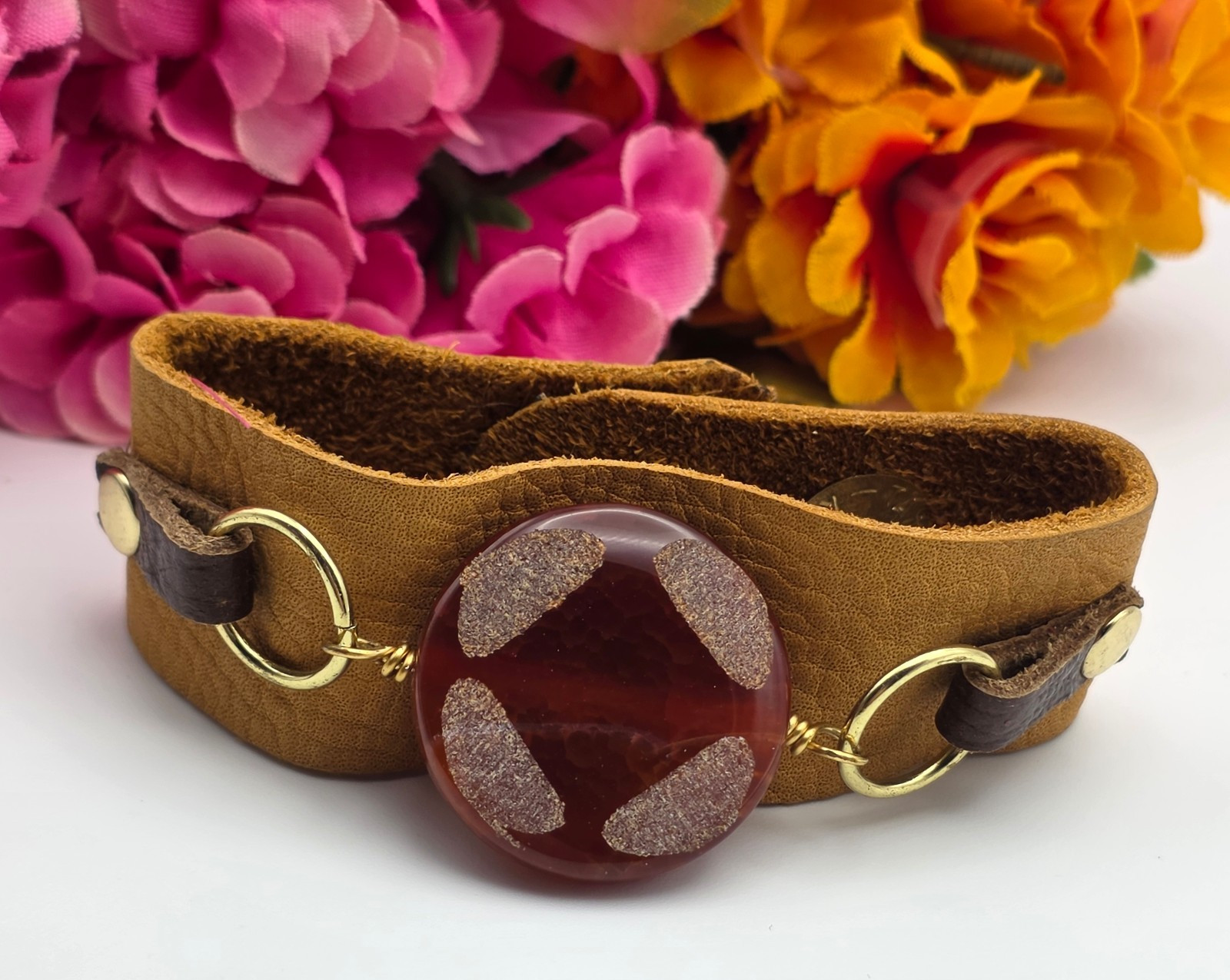 Vintage Artisan Brown Leather Cuff Bracelet Maroon Glass Cabochon Gold Tone Boho