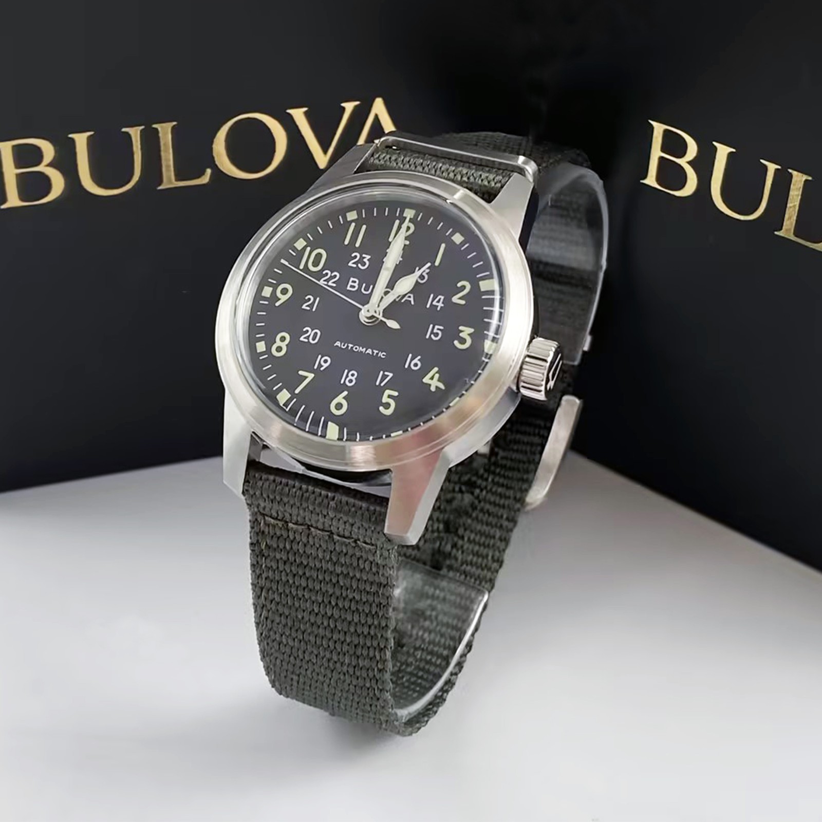 Bulova Special Edition 96A259 Black Dial Green Nylon Men’s Automatic Watch 38MM