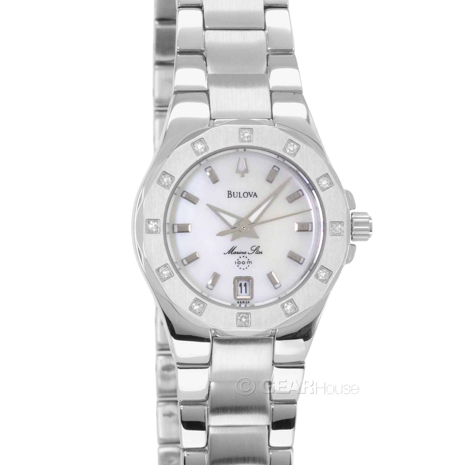 BULOVA Marine Star Diamonds Womens Watch, White MOP Dial, Silver Stainless Steel