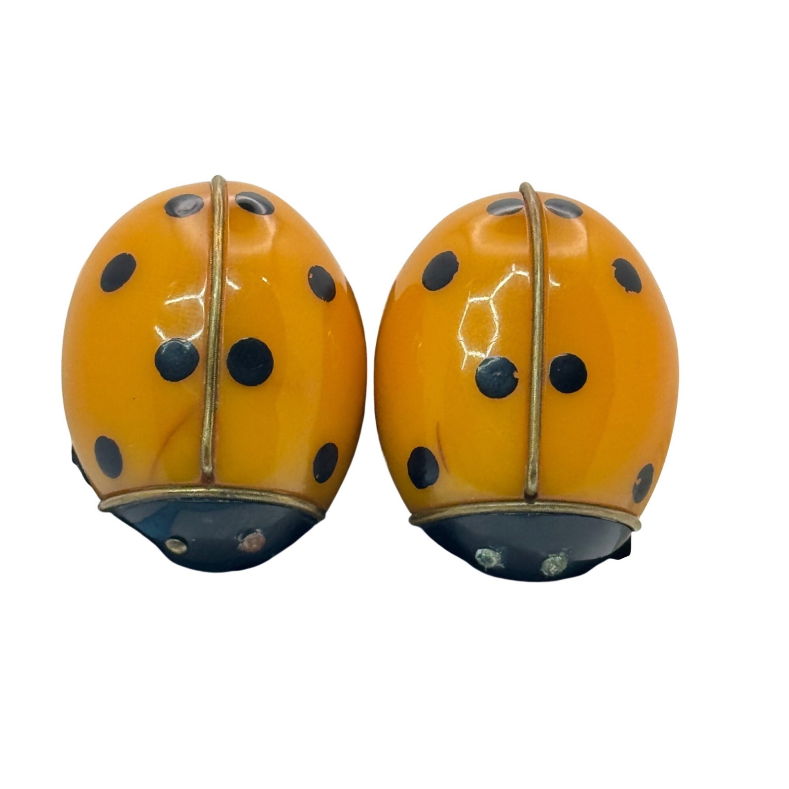 Bakelite Ladybug Shoe Clips Brooches RARE 1.5″ Vtg Yellow Polka Dotted Orange