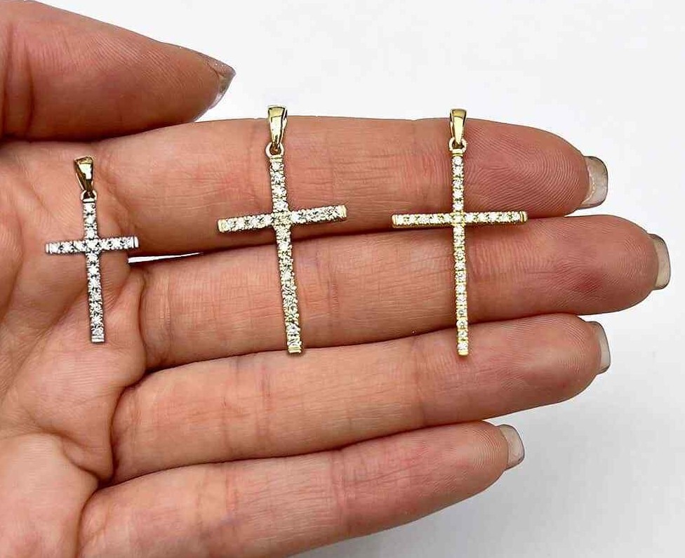 Real Diamond 14K Gold Cross Pendant 0.9″-1.3″