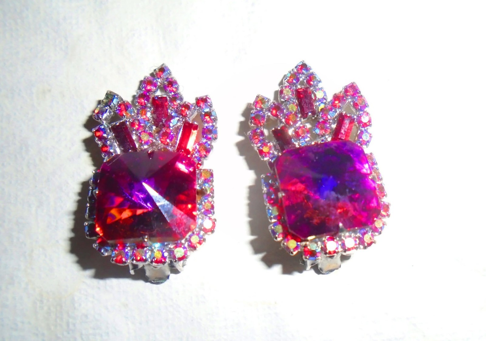 Silver-Tone, Mid Century, “Watermelon ” AB Rivoli Crystals Maltese Cross Set
