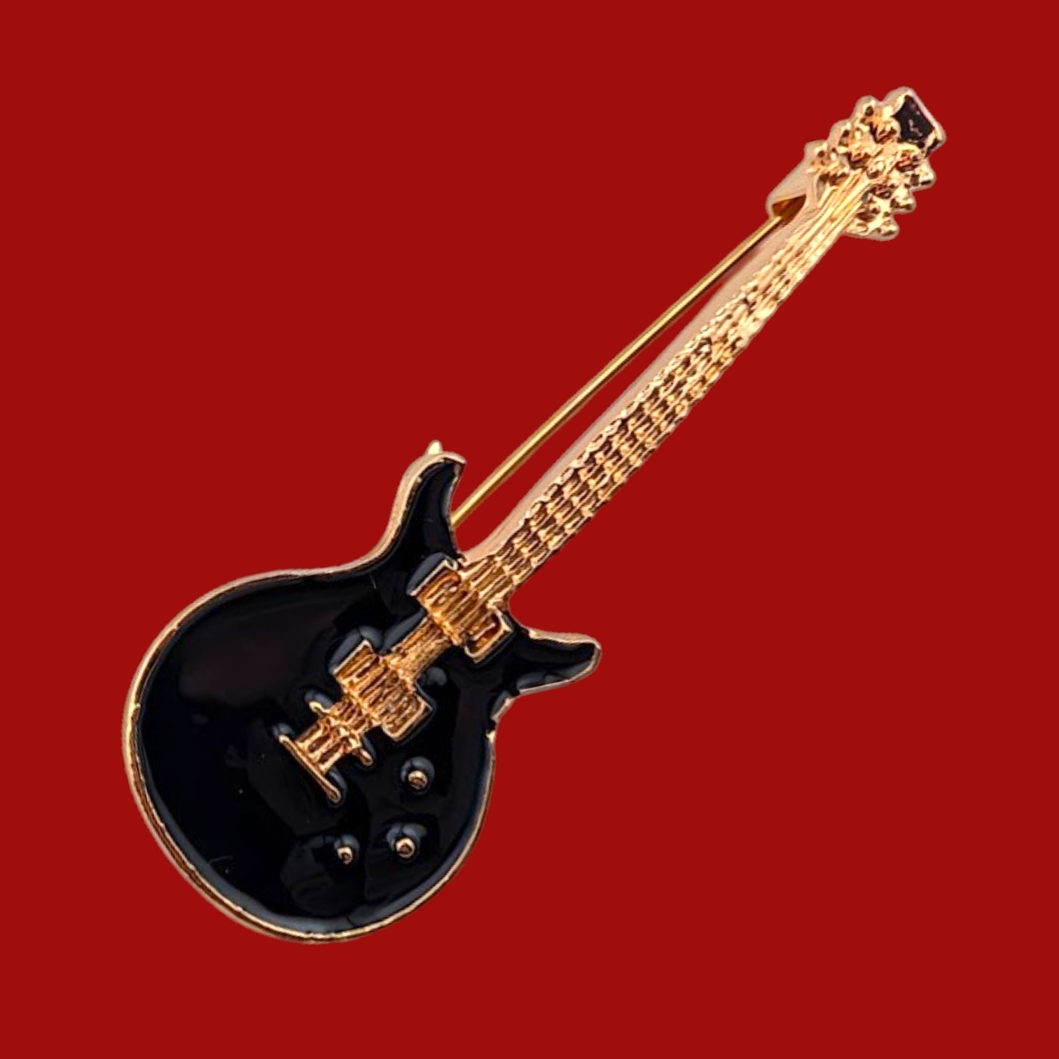 Gold-Tone Guitar Instrument Brooch Black Enamel Lapel Pin Rock Music Musician G4