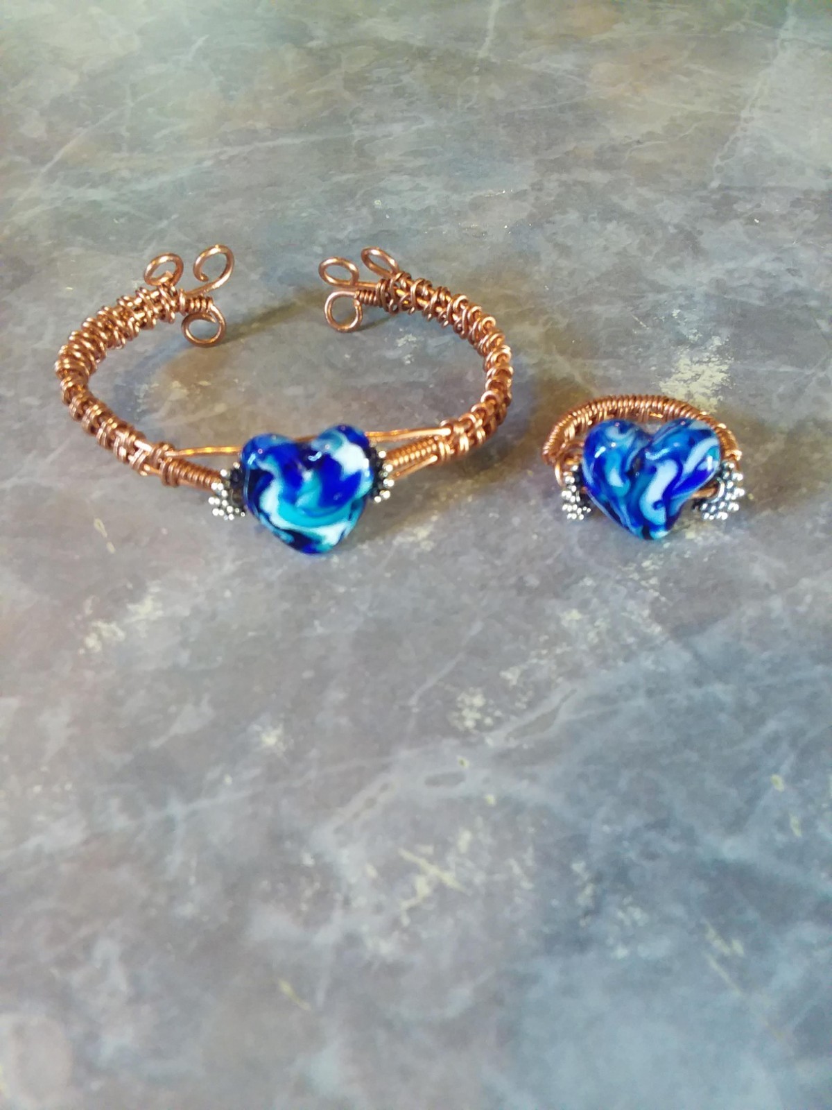 Handmade Lampwork Bead Blue Swirls, Copper Wire Cuff Bracelet And Ring To Match