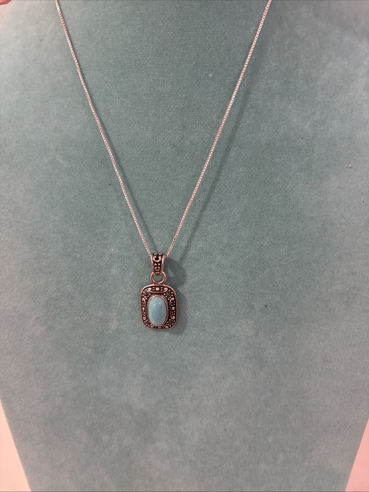 Designer Signed C^A Thailand 925 Sterling Silver Oval Turquoise Necklace 18”