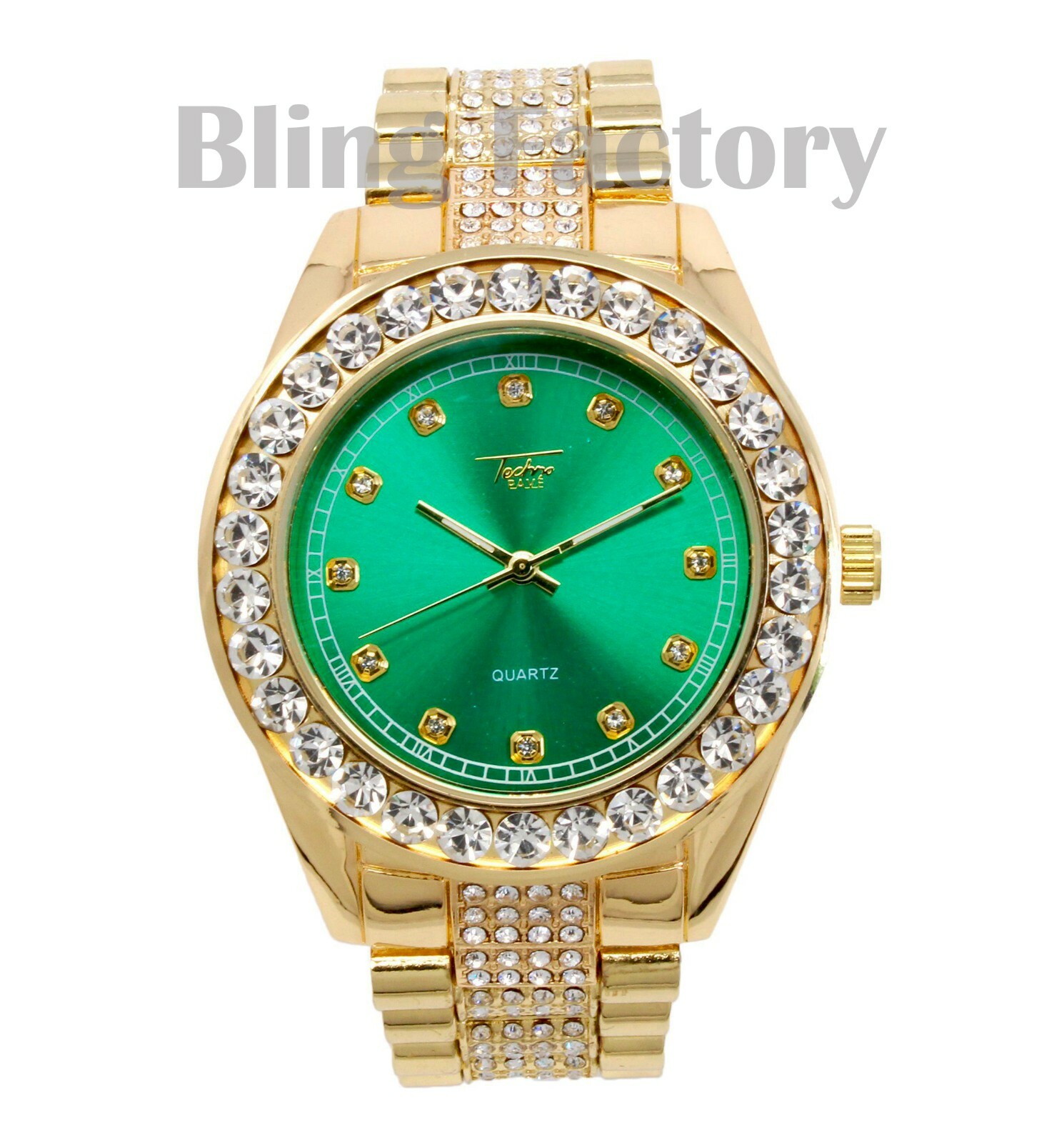 Men Hip Hop Iced Bling Gold PT Green Dial BIG Lab Diamond Metal band Watch