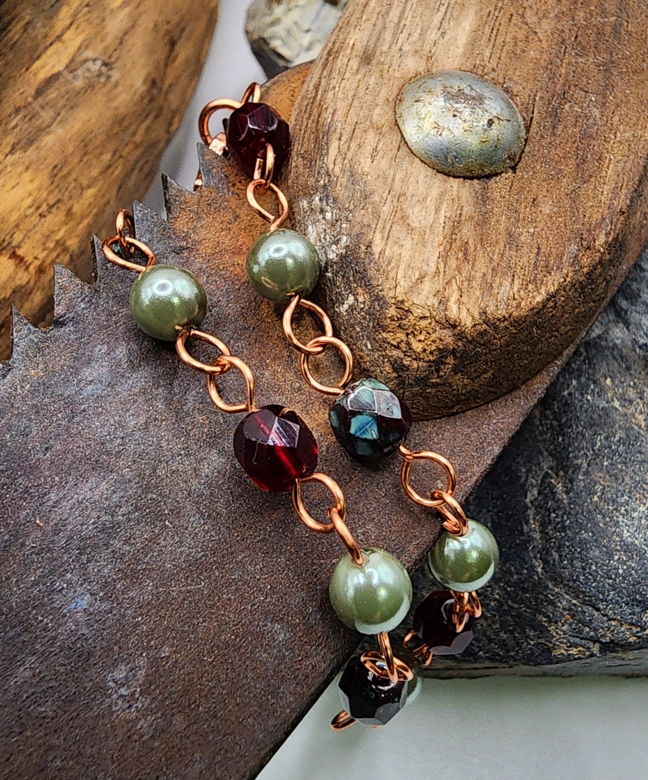 Handcrafted Copper Chain Bracelet with Czech Garnet, Sage Green and Burgundy Red