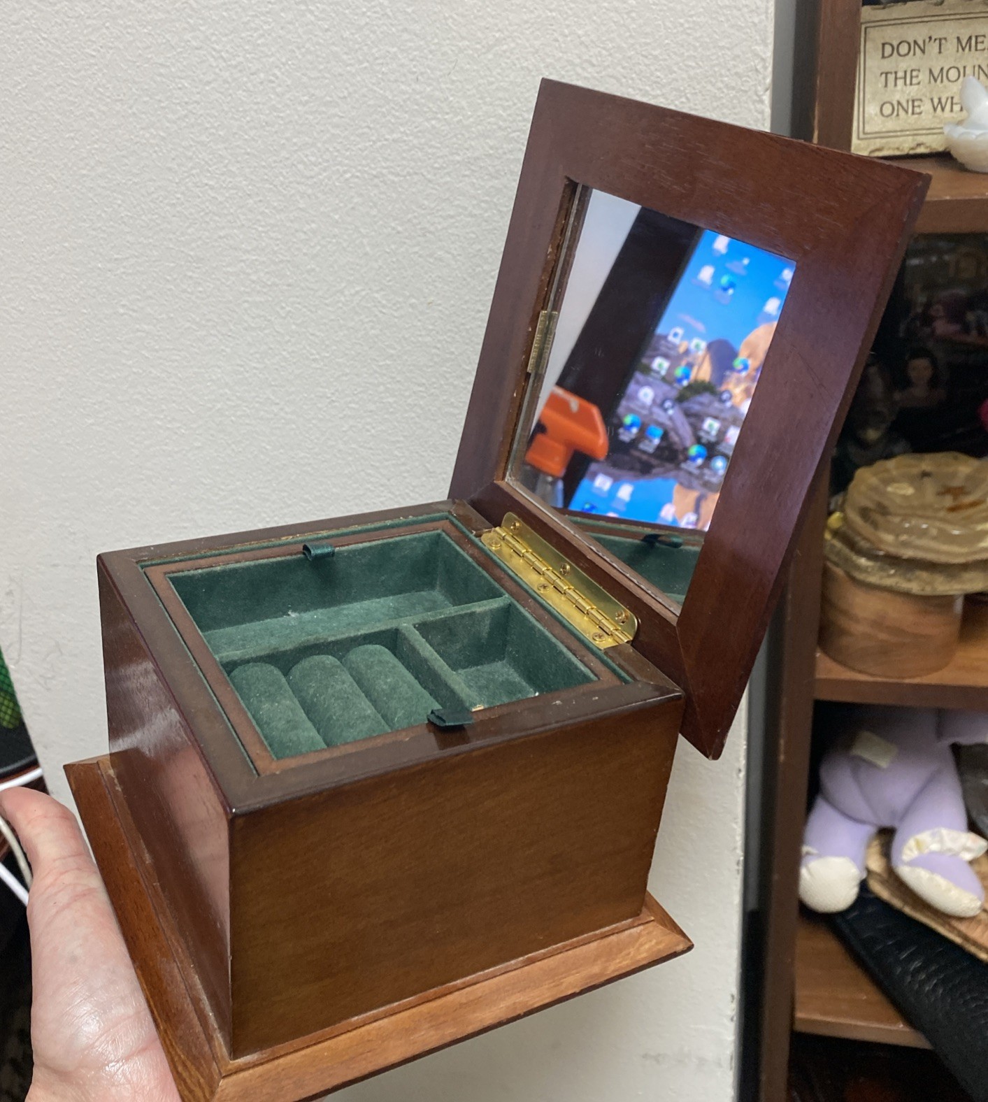 Wooden Jewelry Box 6x6x4″ Hinged Lid Two Levels Mirror Green Velvet Interior