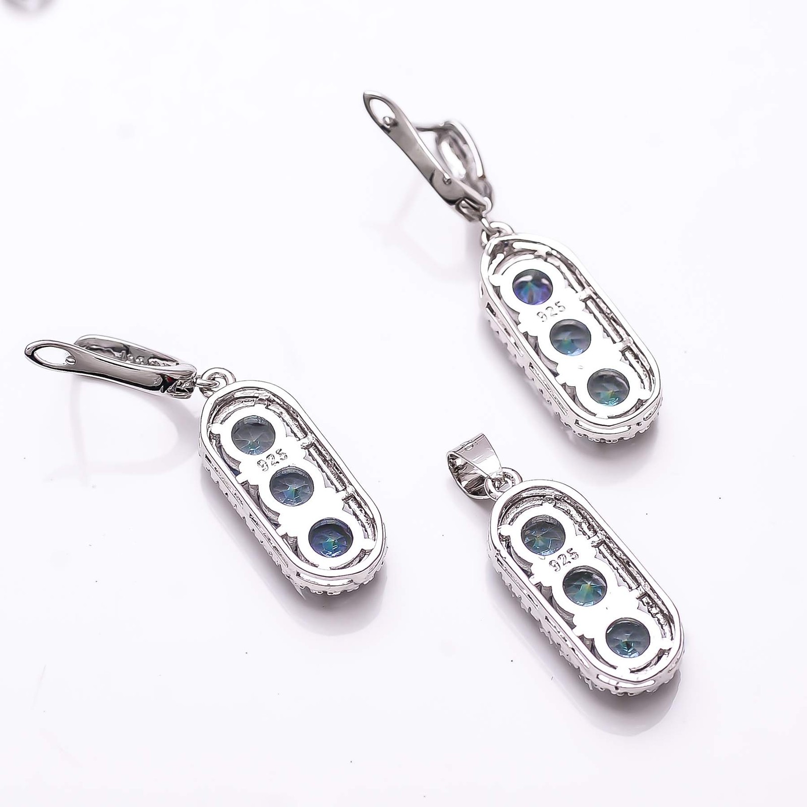 Blue Rainbow Mystic Fire Topaz & CZ 925 Silver Handmade Pendant Set PS8188