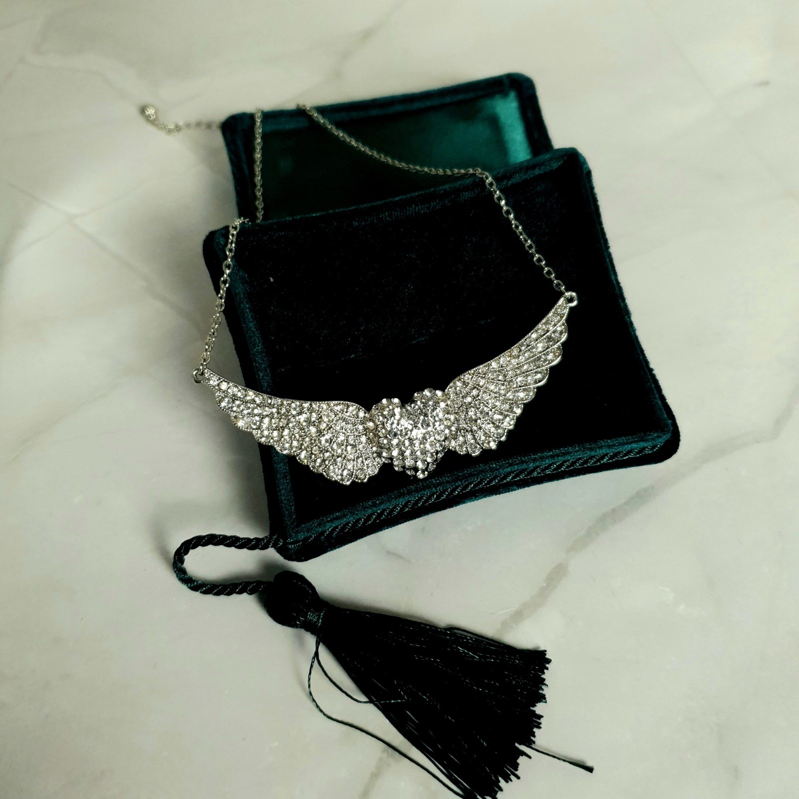 Mikey Crystal Angel Wings Heart Necklace Silver Tone Statement New Unworn Gift