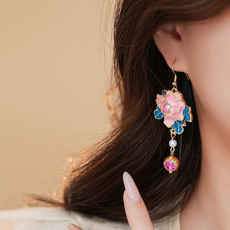 New Chinese Enamel Painted Flower Pearl Tassel Earrings