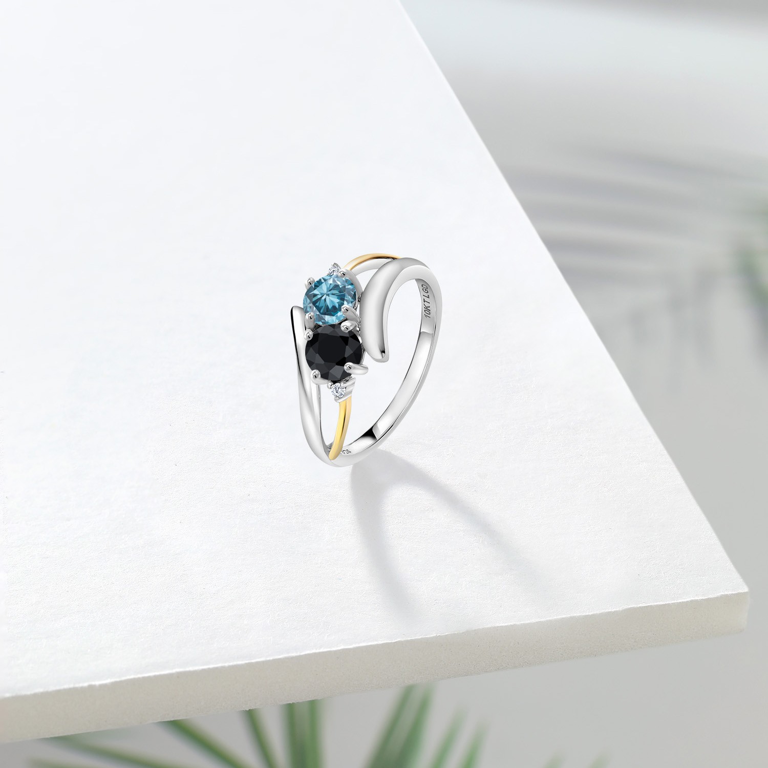 925 Silver and 10K Yellow Gold Blue Lab Grown Diamond and Black Sapphire and