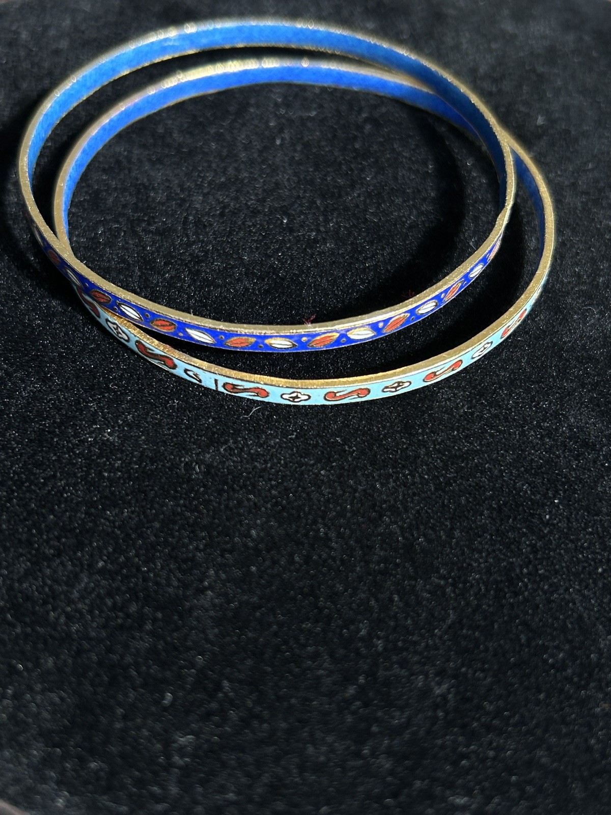 Pair Thin Blue Colored Cloisonne Bangles Bracelet Vintage 2 3/4 inch Diameter