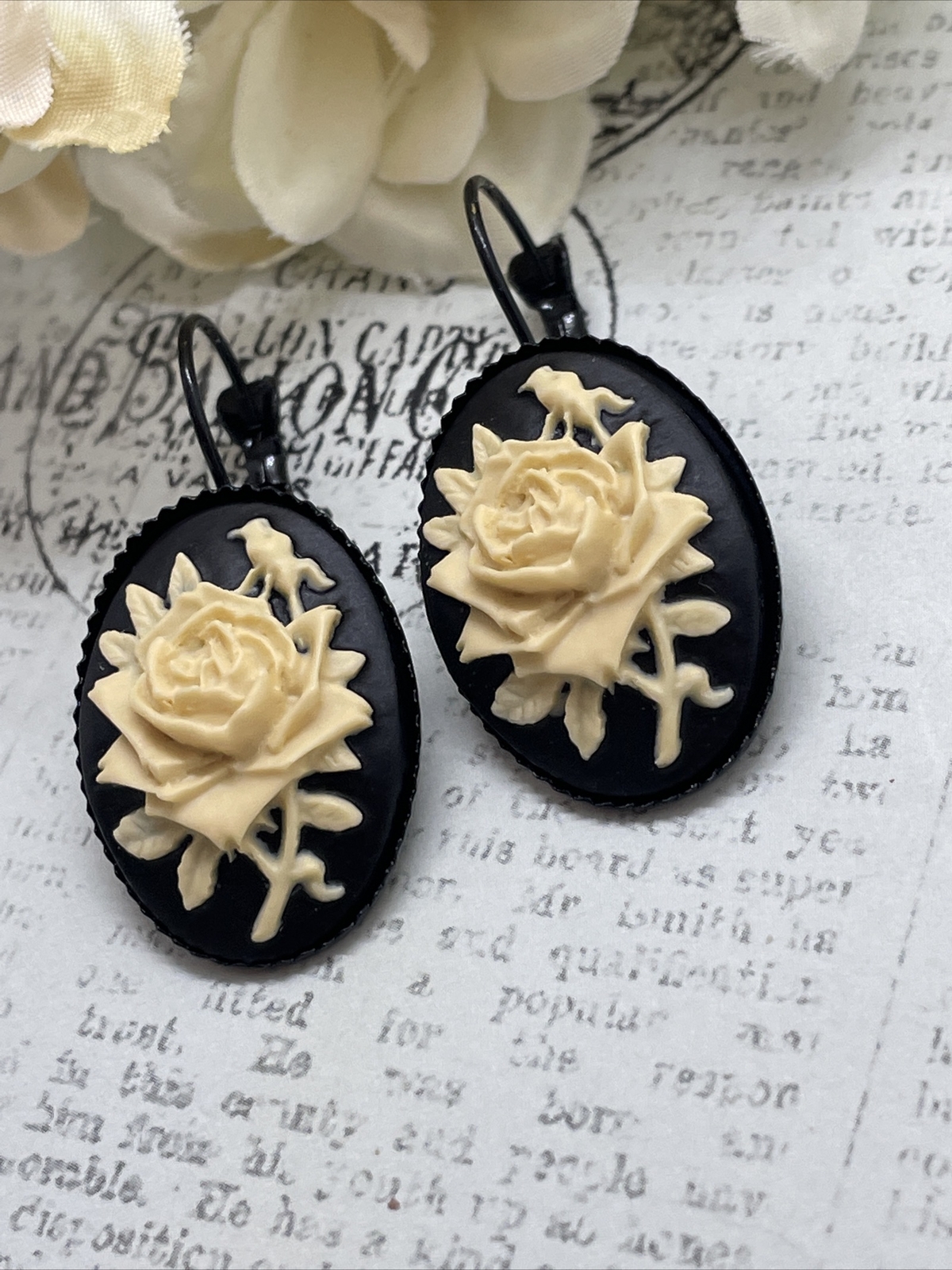 Rose Victorian Gift Wedding Cream & Black Setting Enamel Earrings Cameo Birthday