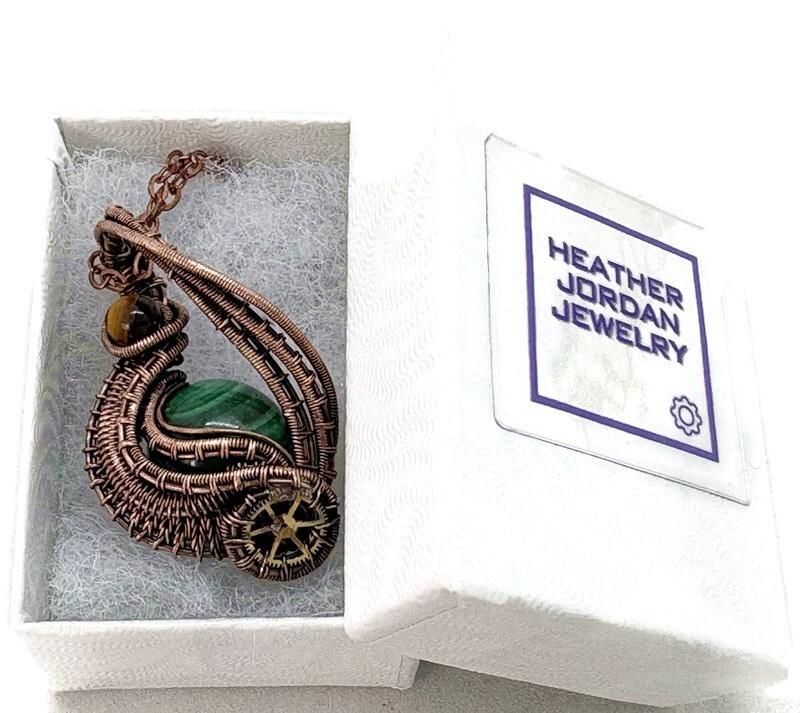 Steampunk Malachite Pendant, Wire-Wrapped in Bronze with Golden Tiger Eye