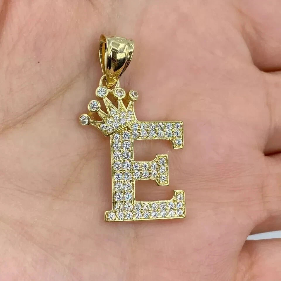 2Ct Real Moissanite Crown “E” Letter Initial Pendant 14K Yellow Gold Plated