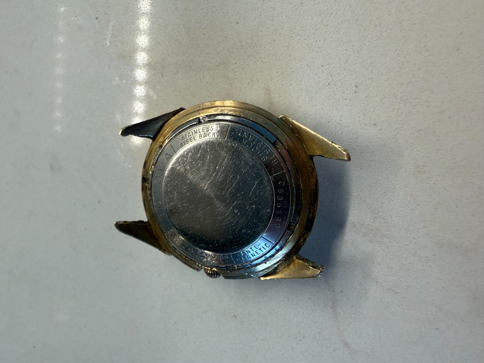 Vintage 1958 Bulova 23 Jewel Self Winding Watch Gold Tropical Linen Dial