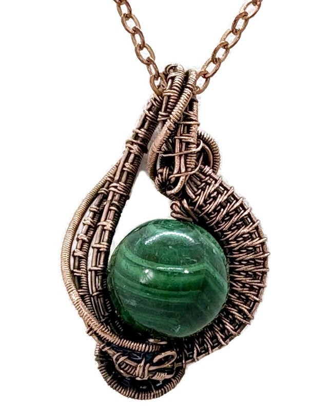 Steampunk Malachite Pendant, Wire-Wrapped in Bronze with Golden Tiger Eye