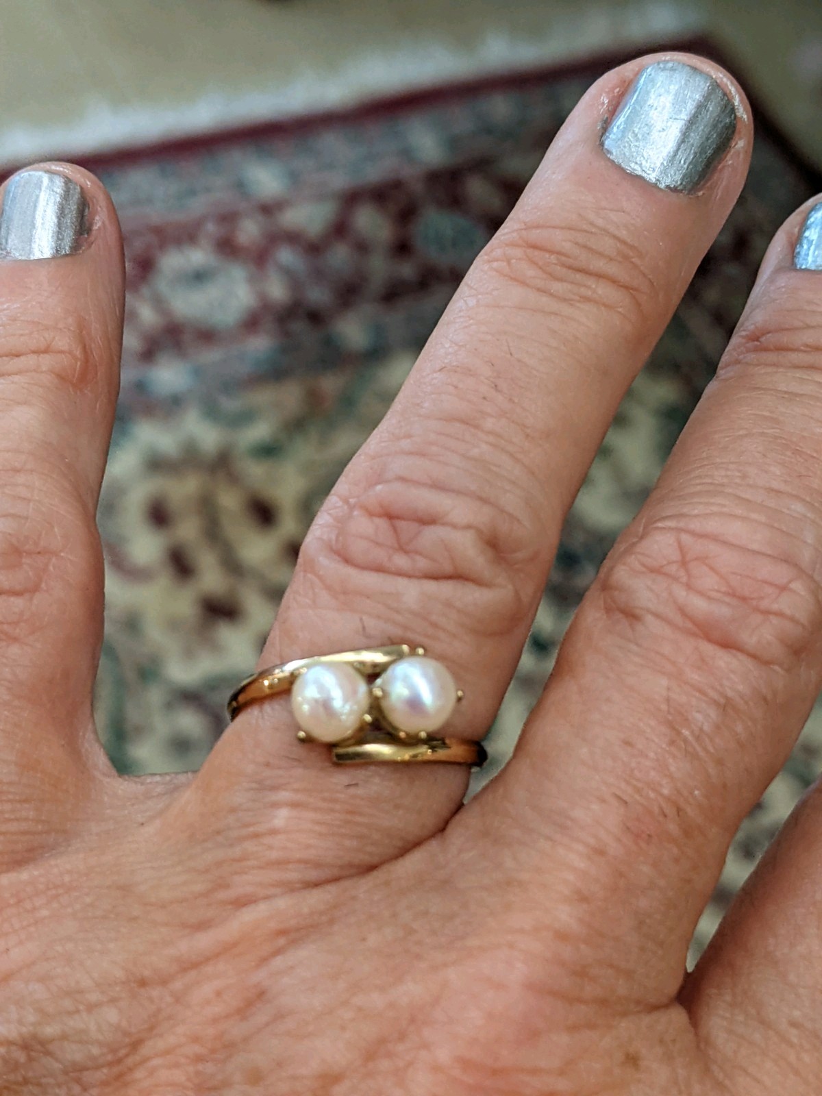 14K DOUBLE PEARL AND DIAMOND RING YELLOW GOLD SIZE 6 2.6 GRAMS