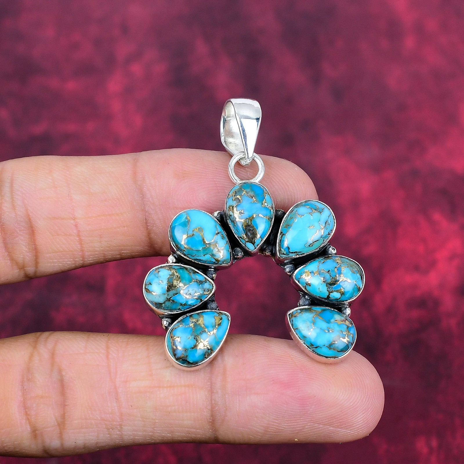 Blue Copper Turquoise Gemstones Handmade 925 Sterling Silver Pendant Jewelry