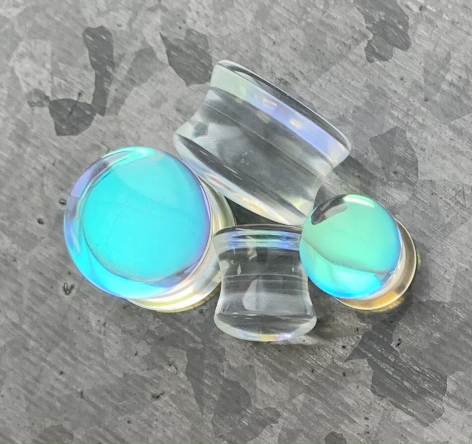 PAIR Iridescent Glass Double Flare Plugs Gauges Body Jewelry