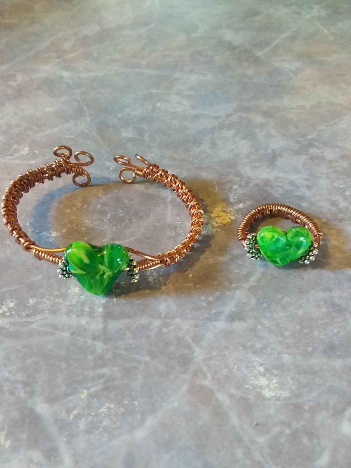 handmade glass lampwork bead, copper wire cuff bracelet and matching ring