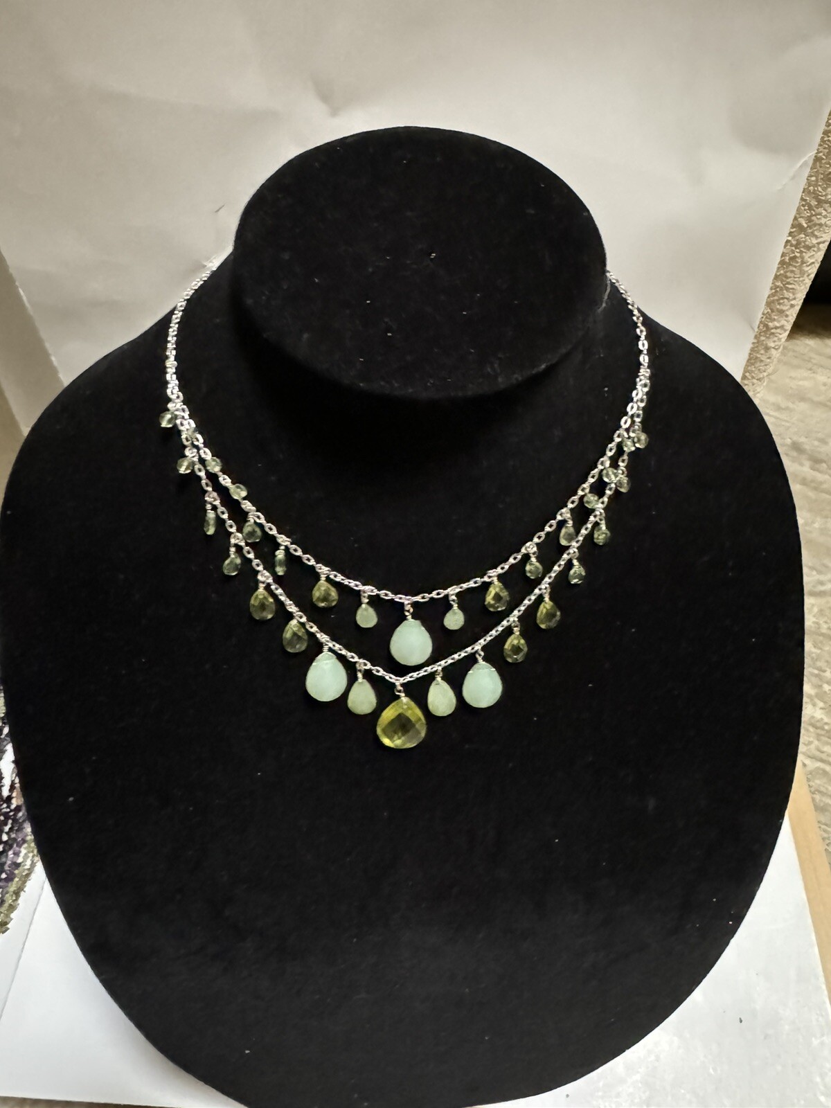 Layered Teardrop Statement Green Necklace Silver Tone with Faux Stones Beads