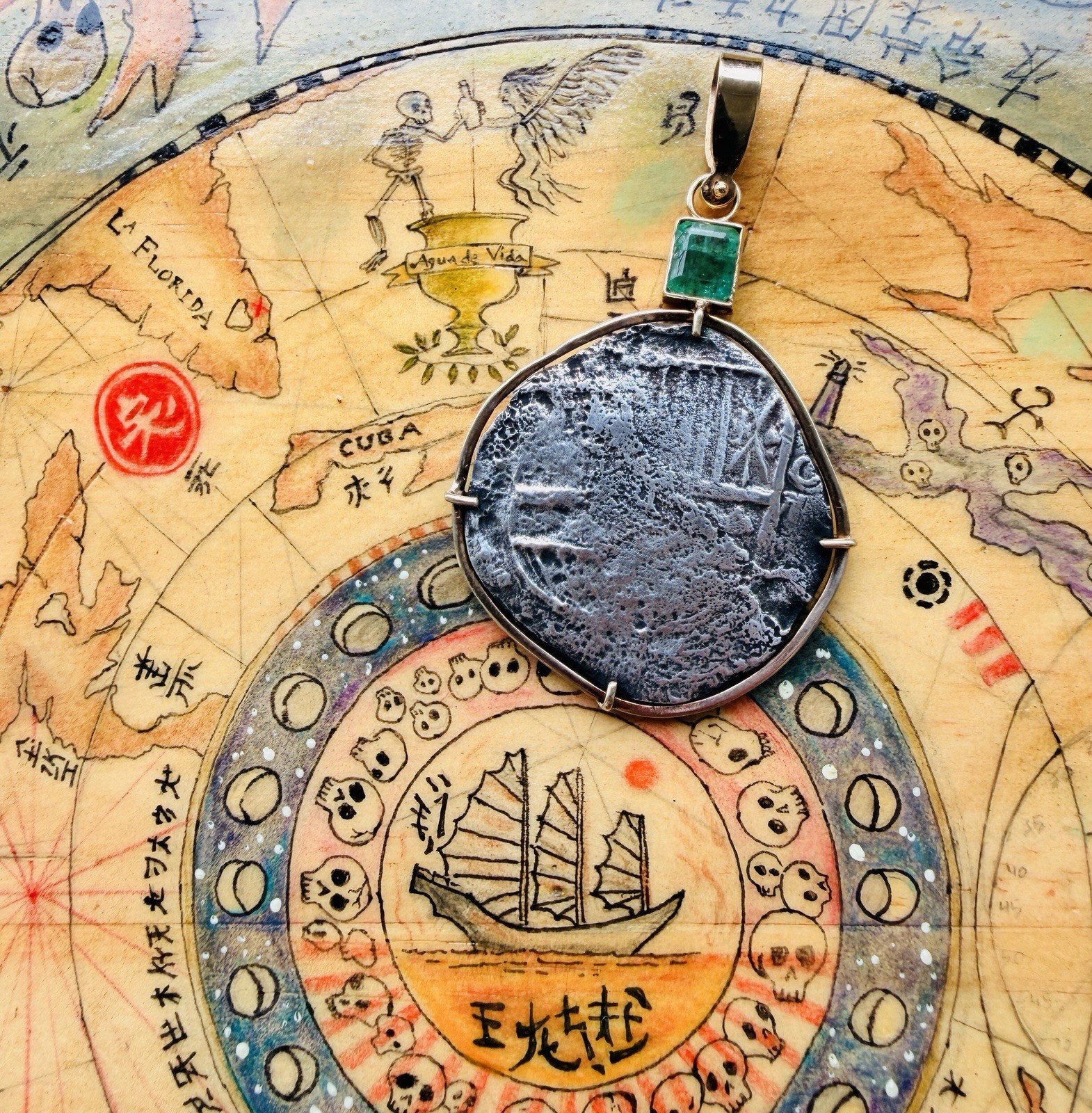 Authentic Atocha 8 Reales Pendant 14k Gold Bezel Emerald with COA Shipwreck Coin