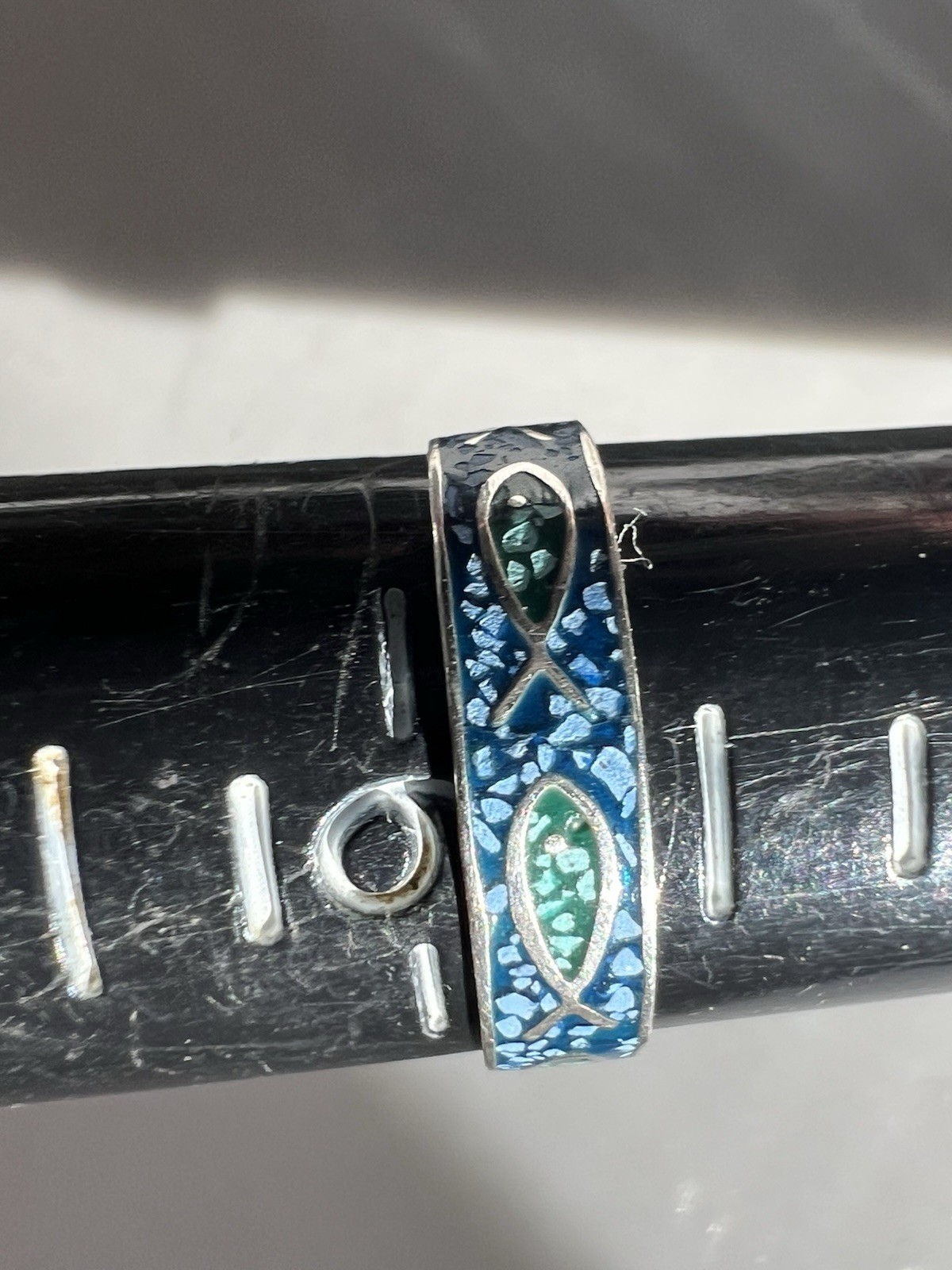 Vintage Antique Solid 14k Gold 585 Stamp Enamel Fish Figure Blue Ring Size 6.75