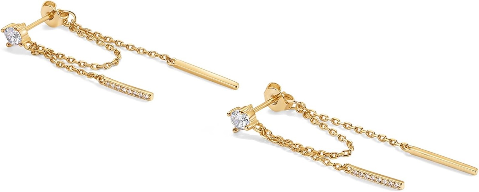 18K Gold Plated S925 Silver Post Drop Dangle Chain Earrings Cubic Zirconia Ball