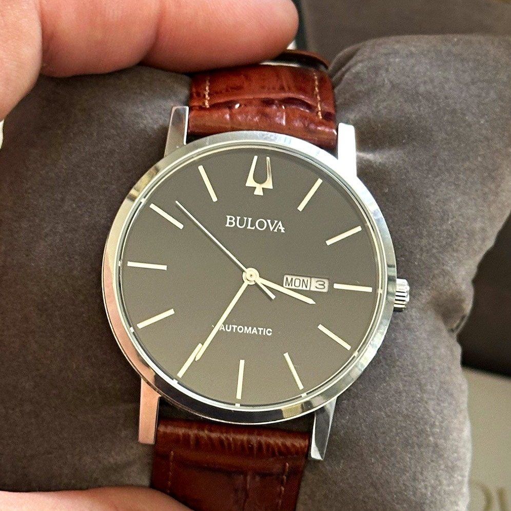 Bulova Men’s Automatic Watch Black Dial Day/Date Brown Leather 41mm Steel