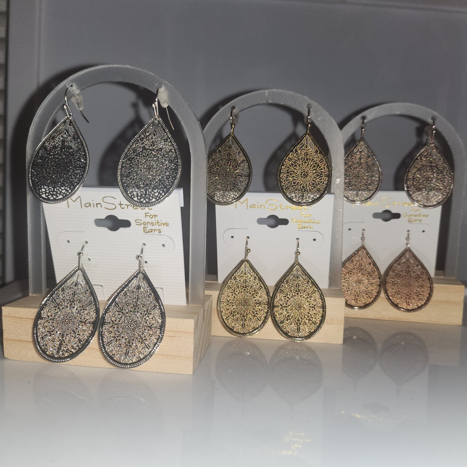 Large Delicate Filigree Teardrop Earrings: Silver, Gold & Rose Gold by Main St.