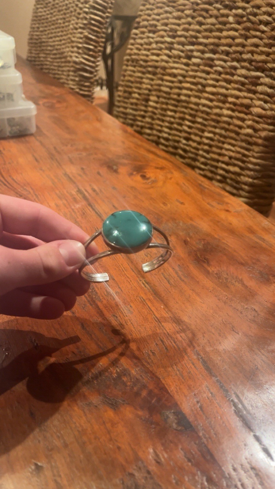 Sterling Silver Turquoise Round Bezel Open Cuff Bracelet Signed