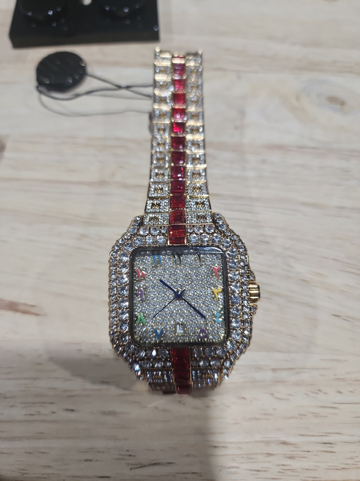 Men’s Fully Iced Out Quality Watch Bling Gold Simulated Diamond Red Stripe