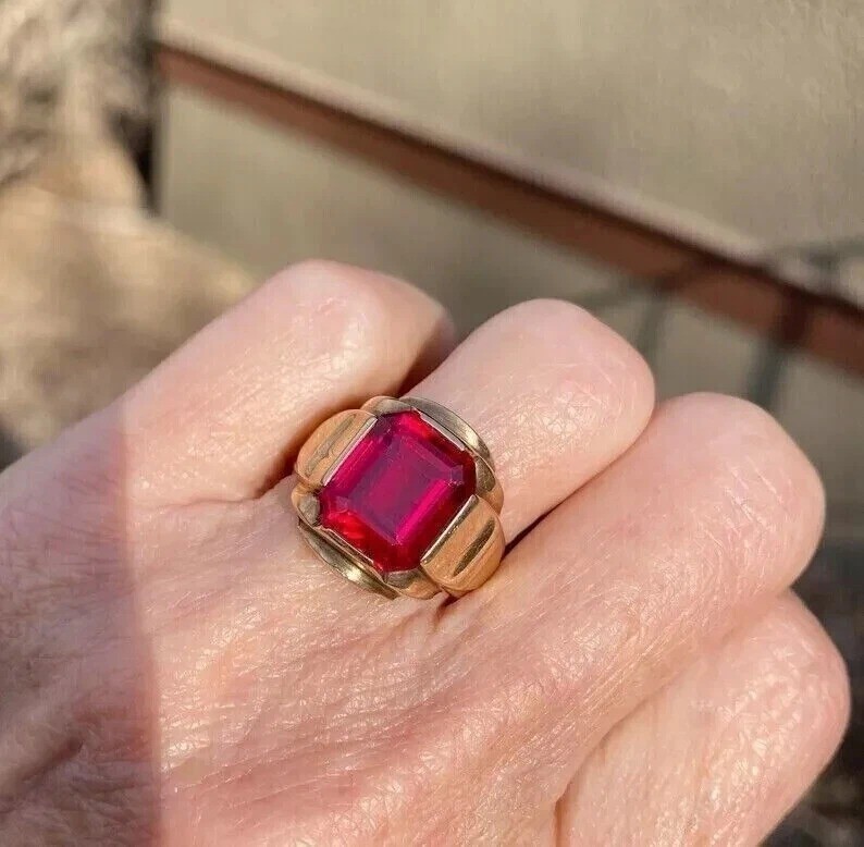 3 CT Lab-Created Red Garnet Vintage Ring Men’s Band 14K Yellow Gold Plated SZ-10