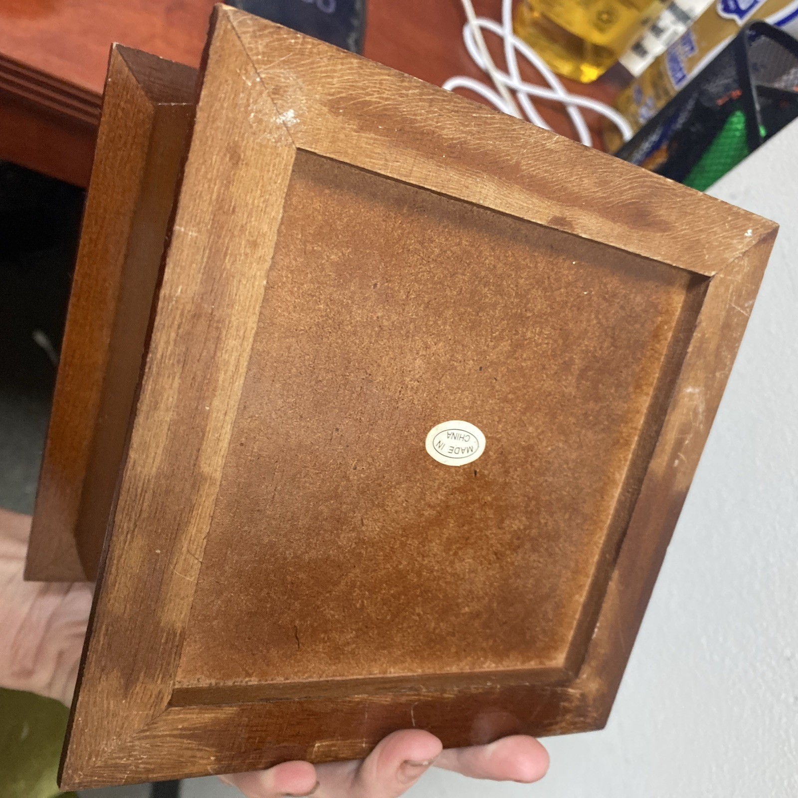 Wooden Jewelry Box 6x6x4″ Hinged Lid Two Levels Mirror Green Velvet Interior