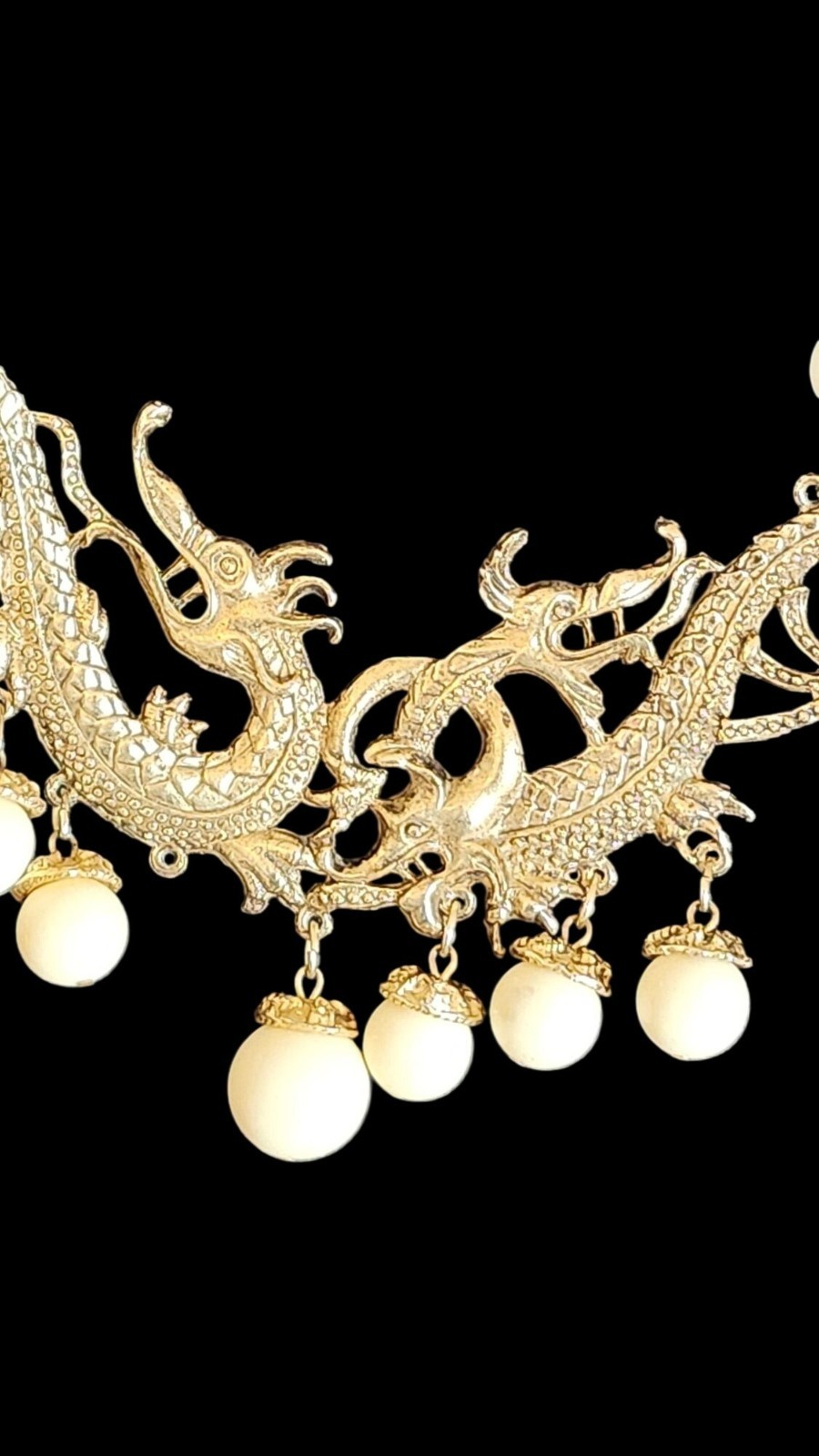 Vintage Asian Dragon Necklace Gold Tone Double Strand Bead Statement Bib Cream B