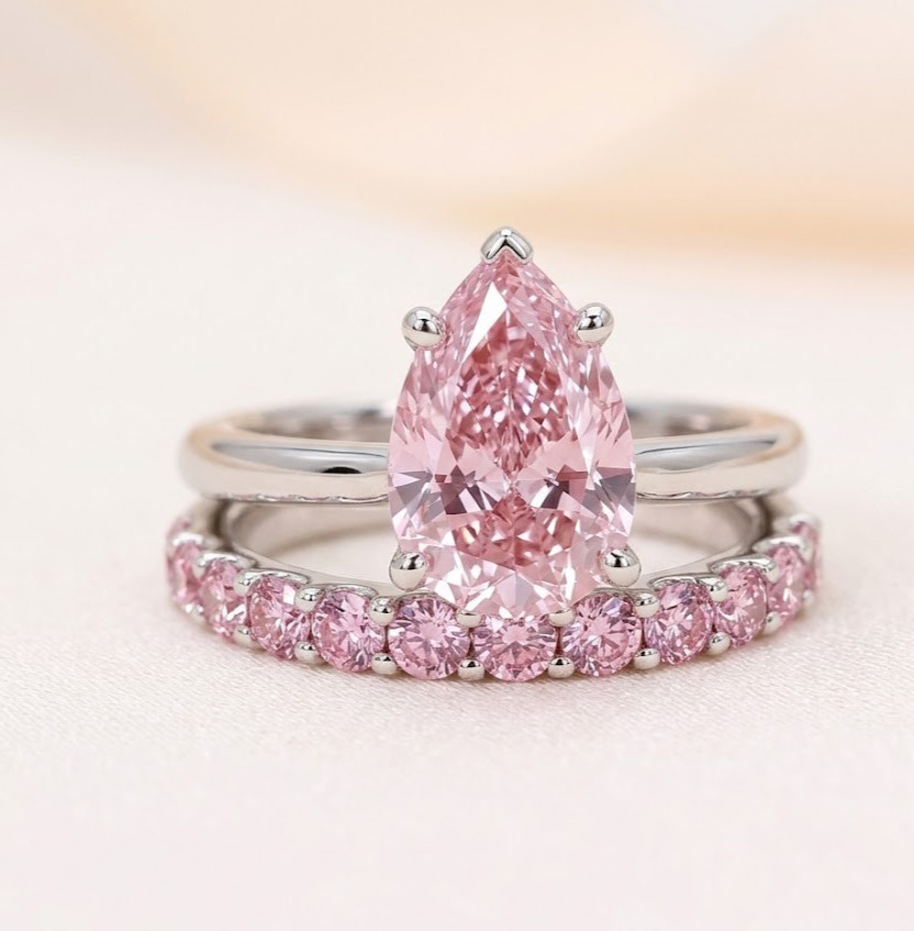 Certified 3 CT Pear Cut Pink Diamond Ring with matching band Ring-Tariffs FREE
