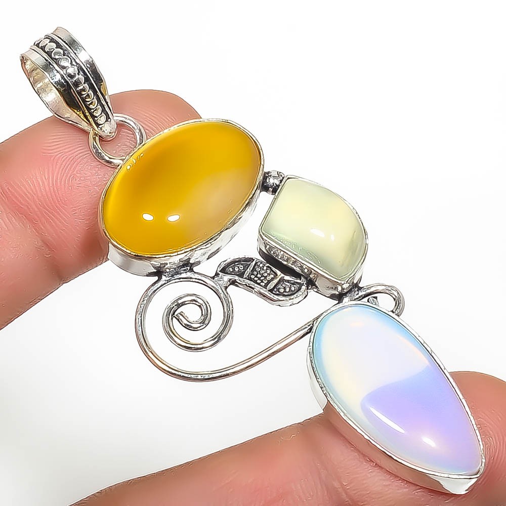Milky Opal & Prehnite Gemstone 925 Silver Plated Pendant 2.73″ TP7785-40